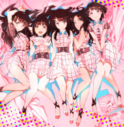 Rule 34 | 5girls, 9nine (idol group), :d, animification, arm up, bare shoulders, bed sheet, belt, between legs, black hair, bracelet, breasts, brown eyes, brown hair, character request, checkered clothes, checkered dress, chestnut mouth, choker, corset, cross-laced clothes, cross-laced footwear, detached collar, dress, from above, gift, hair ornament, hair spread out, hairclip, halftone, hand between legs, hands on own chest, high heels, jewelry, kawashima umika, light smile, long hair, looking at viewer, lying, multiple girls, murata hirona, nishiwaki sayaka, on back, on side, open mouth, pink dress, puffy short sleeves, puffy sleeves, raglan sleeves, real life, satake uki, see-through, shadow, shimoguchi tomohiro, shoes, short hair, short sleeves, sleeveless, sleeveless dress, small breasts, smile, thigh gap, v arms, with you/with me, yoshii kanae