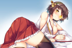 Rule 34 | 1girl, bare shoulders, blue background, blush, boots, breasts, brown hair, cleavage, collarbone, commentary request, cosplay, female focus, frilled skirt, frills, furutaka (kancolle), glowing, glowing eye, gradient background, hair ornament, hairband, haruna (kancolle), haruna (kancolle) (cosplay), headgear, kantai collection, large breasts, light smile, looking at viewer, lying, miniskirt, nontraditional miko, on side, red skirt, sakimori dan, short hair, skirt, solo, thigh boots, thighhighs, twitter username, yellow eyes, zettai ryouiki
