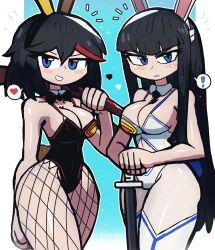 Rule 34 | 2girls, absurdres, angry, animal ears, bare shoulders, black hair, black leotard, black ribbon, breasts, cleavage, cowboy shot, female focus, fishnet pantyhose, fishnets, hair between eyes, highres, holding, holding sword, holding weapon, kill la kill, large breasts, leotard, long hair, looking at viewer, matoi ryuuko, multiple girls, neck ribbon, pantyhose, playboy bunny, rabbit ears, rabbit tail, ribbon, shiny skin, short hair, smile, standing, sword, tail, thick thighs, thighs, tony welt, weapon, white leotard, wide hips