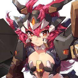 1girl breasts closed_mouth fang female_focus game_cg hair_between_eyes hair_tuft headgear last_origin long_hair looking_at_viewer mar10 messy_hair official_art pink_hair power_suit red_eyes skin_fang small_breasts tiny_tyrant_(last_origin) transparent_background tyrant_(last_origin) upper_body