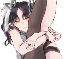 Rule 34 | 1girl, nanashi inc., black hair, black ribbon, black thighhighs, blush, bow, closed mouth, commentary request, demon girl, demon horns, feet out of frame, grey sweater, hair bow, horns, hugging own legs, jewelry, kojo anna, leg ribbon, long hair, looking at viewer, multicolored hair, natsuki (pixiv), parted bangs, pointy ears, purple hair, ribbon, ring, simple background, sleeveless, sleeveless sweater, smile, solo, sugar lyric, sweater, thighhighs, two-tone hair, two side up, virtual youtuber, white background, white bow, yellow eyes