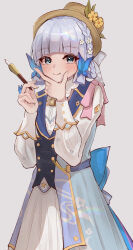 Rule 34 | 1girl, absurdres, ayaka (genshin impact), blue dress, blue eyes, blue hair, blunt bangs, butterfly hair ornament, closed mouth, collar, dress, flower, genshin impact, hair ornament, hands up, hat, hat flower, highres, holding, holding pen, kamisato ayaka, kamisato ayaka (springbloom missive), light blue hair, looking at viewer, mole, mole under eye, official alternate costume, official alternate hairstyle, pen, ribbon, satesate4, simple background, smile, solo, upper body, white background, white collar, white ribbon