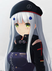 Rule 34 | 1girl, blush, breasts, character name, closed mouth, clothes writing, facial mark, german flag, girls&#039; frontline, green eyes, grey hair, hat, highres, hk416 (girls&#039; frontline), keenh, long hair, looking at viewer, medium breasts, military, military uniform, sidelocks, simple background, smile, solo, straight hair, uniform, upper body, very long hair, white background