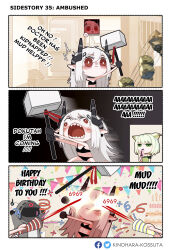 Rule 34 | 1other, 2girls, 3koma, ambiguous gender, animal ear fluff, animal ears, arknights, artist name, bare shoulders, birthday, birthday cake, black coat, black jacket, black sports bra, breasts, bubble tea, cake, cat ears, cat girl, chibi, coat, comic, commentary, demon horns, doctor (arknights), doorway, dress, drinking straw, english commentary, english text, food, green dress, green eyes, grey hair, hammer, happy birthday, highres, holding, holding hammer, hood, hood up, hooded coat, hooded jacket, horns, jacket, kal&#039;tsit (arknights), kinohara kossuta, long hair, mudrock (arknights), multiple girls, off-shoulder dress, off shoulder, open mouth, panties, party popper, pointy ears, red eyes, short hair, small breasts, sports bra, underwear, war hammer, weapon, white hair