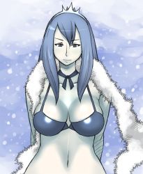 Rule 34 | 1girl, breasts, cleavage, colored skin, enoshima iki, final fantasy, final fantasy xii, hair between eyes, large breasts, shiva (final fantasy), smile, snowing, solo, white skin