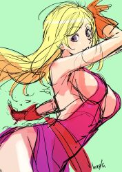 Rule 34 | 1girl, absurdres, arm behind back, arm up, artist name, bare shoulders, belt, blonde hair, blue eyes, blush, breasts, cleavage, dress, fatal fury, fingerless gloves, garou: mark of the wolves, gloves, highres, jenet behrn, large breasts, leaning forward, long hair, looking at viewer, parted lips, sideboob, sleeveless, smile, solo, the king of fighters