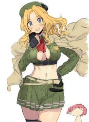 Rule 34 | 10s, 2girls, alisa (girls und panzer), alternate costume, belt, beret, black gloves, black legwear, blonde hair, blue eyes, breasts, brown belt, brown cape, cape, cleavage cutout, clothing cutout, crop top, emblem, fingerless gloves, girls und panzer, gloves, green hat, green shirt, grin, hair intakes, hand on own hip, hat, holding, kay (girls und panzer), long hair, long sleeves, looking at viewer, medium breasts, midriff, miniskirt, multiple girls, piaisai, pleated skirt, shirt, simple background, sketch, skirt, smile, solo focus, standing, striped clothes, striped skirt, thighhighs, walkie-talkie, white background, wind