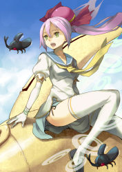 Rule 34 | 1girl, beetle, blue sailor collar, blue skirt, bug, cave (developer), elbow gloves, gloves, green eyes, hat, highres, houru, insect, kiniro, kiniro (mushihime-sama), long hair, miniskirt, mushihime-sama, necktie, open mouth, outdoors, pink hair, purple hair, reco, rhinoceros beetle, sailor collar, sitting, skirt, sky, solo, thighhighs, twintails, white thighhighs