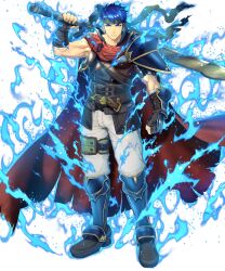1boy aura blue_eyes blue_hair brown_gloves cape fingerless_gloves fire_emblem fire_emblem:_radiant_dawn fire_emblem_engage gloves greatsword highres holding holding_sword holding_weapon ike_(fire_emblem) looking_at_viewer male_focus muscular muscular_male nintendo non-web_source red_cape single_shoulder_pad solo sword sword_behind_back tachi-e weapon
