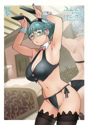 Rule 34 | 1girl, aqua eyes, aqua hair, armpits, arms up, back, bed, black thighhighs, bow, bowtie, breasts, cleavage, covered erect nipples, female pubic hair, fundoshi, glasses, japanese clothes, leotard, looking at viewer, mirror, nail polish, navel, neone, original, pink nails, playboy bunny, pubic hair, pubic hair peek, solo, thighhighs, wrist cuffs
