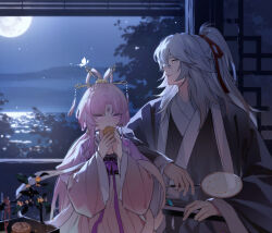 Rule 34 | 1boy, 1girl, alternate costume, bow-shaped hair, bug, butterfly, chinese clothes, eating, forehead jewel, fu xuan (honkai: star rail), full moon, hair ornament, hand fan, hanfu, highres, holding, holding fan, honkai: star rail, honkai (series), horizon, insect, jing yuan, low twintails, luckylalal, mid-autumn festival, moon, mooncake, night, night sky, pink eyes, pink hair, ponytail, sky, tassel, twintails, white hair, wide sleeves, yellow eyes