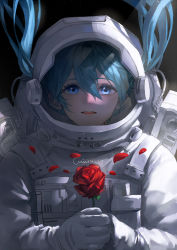 Rule 34 | 1girl, absurdres, astronaut, blue eyes, blue hair, cmiao, falling petals, floating hair, flower, hair between eyes, hair through headwear, hatsune miku, helmet, highres, holding, holding flower, long hair, looking up, open mouth, own hands together, petals, portrait, red flower, red rose, rose, sky, smile, solo, space, space helmet, spacesuit, star (sky), starry sky, straight-on, twintails, vocaloid