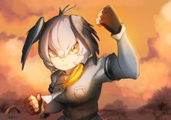 Rule 34 | 10s, 1girl, bad id, bad pixiv id, belt, bird wings, black gloves, black hair, bodystocking, breast pocket, breasts, clenched hands, closed mouth, cloud, cloudy sky, collared shirt, fighting stance, fingerless gloves, gloves, green eyes, grey belt, grey hair, grey legwear, grey shirt, grey shorts, hair between eyes, hair ornament, hair tie, hands up, head wings, highres, kemono friends, long hair, long sleeves, looking at viewer, low ponytail, medium breasts, mo ne, multicolored hair, necktie, orange hair, outdoors, pocket, shirt, shoebill (kemono friends), short sleeves, shorts, side ponytail, sky, sleeve cuffs, solo, tree, tsurime, two-tone hair, upper body, white necktie, wing collar, wings
