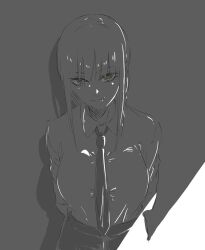 Rule 34 | 1girl, arms behind back, chainsaw man, collared shirt, grey hair, greyscale, highres, looking at viewer, makima (chainsaw man), medium hair, mitsugu, monochrome, necktie, shadow, shirt, sidelocks, smile, solo, white background, white shirt