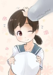 Rule 34 | 1girl, 1other, black hair, brown eyes, commentary request, dated, dress, floral background, fyuo, hand on another&#039;s head, hat, unworn hat, headpat, unworn headwear, hiburi (kancolle), highres, kantai collection, low ponytail, one-hour drawing challenge, one eye closed, pink background, sailor collar, sailor dress, sailor hat, short hair, short sleeves, solo focus, twitter username, upper body, white dress