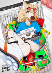 Rule 34 | 1girl, absurdres, alternate costume, animal ears, arknights, blonde hair, blue shirt, box, candy, character name, closed mouth, doritos, doughnut, extra ears, eyewear on head, food, happy birthday, highres, inu to milk, looking at viewer, mouth hold, orange eyes, pastry box, shirt, shoes, shopping cart, short sleeves, shorts, sidelocks, sneakers, snickers (brand), solo, sunglasses, tail, twitter username, vermeil (arknights), white footwear, wrapped candy