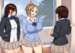 Rule 34 | 23 (real xxiii), 3girls, blazer, blonde hair, bow, bowtie, breasts, brown hair, choukyou! sekkan! maji kutsujoku! aashi bitch ni ochitan dakedoo, covered erect nipples, cowboy shot, green eyes, hair over eyes, hand up, hands in pocket, happy, highres, indoors, jacket, large breasts, legs, long hair, looking at another, medium breasts, multiple girls, nail polish, open mouth, original, outstretched arms, ponytail, school uniform, short hair, short ponytail, skirt, smile, standing, talking, thighs, window