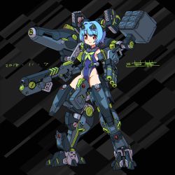 Rule 34 | 1girl, arm cannon, armored core, armored core 2, armored core 2: another age, blue hair, breasts, clenched hand, covered navel, dated, gun, highres, holding, holding gun, holding weapon, mecha musume, mecha request, michi kuso, missile pod, personification, sailor collar, shoulder cannon, skin tight, small breasts, smile, solo, weapon