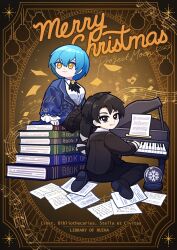 Rule 34 | 1boy, 1girl, 2023, absurdres, angela (project moon), ascot, black ascot, black hair, black pants, black skirt, blue coat, blue hair, book, book stack, chibi, closed mouth, coat, collared shirt, grand piano, gredell elle, highres, instrument, latin text, library of ruina, looking at viewer, merry christmas, music, pages, pants, parted lips, piano, playing instrument, project moon, roland (project moon), shirt, short hair, sitting, skirt, smile, translated, wariza, white shirt, yellow eyes