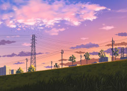 Rule 34 | 1girl, bicycle, bird, blue sky, brown hair, cloud, cloudy sky, commentary request, doora (dora0913), evening, gradient sky, grass, long hair, original, outdoors, power lines, purple sky, scenery, sky, solo, transmission tower, tree, twilight, utility pole, very wide shot