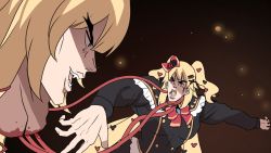 Rule 34 | 2girls, akai haato, akai haato (gothic lolita), black eyes, blonde hair, blood, bow, commentary, dark background, dio brando, dual persona, eye contact, fang, hair bow, hair ornament, heart, heart hair ornament, highres, hololive, jojo no kimyou na bouken, jonathan joestar, lips, looking at another, multiple girls, open mouth, parody, phantom blood, severed head, shadow, short twintails, simple background, style parody, tentacles, twintails, virtual youtuber