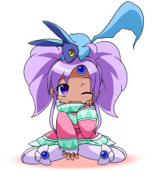 Rule 34 | 00s, 1girl, artist request, blush, chibi, dark skin, dress, long hair, meredy (tales), one eye closed, open mouth, pantyhose, purple eyes, purple hair, quickie (tales), shoes, tales of (series), tales of eternia, twintails