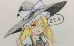 Rule 34 | 1girl, ;d, blonde hair, blush, braid, colored pencil (medium), commentary, hat, kirisame marisa, long hair, looking at viewer, one eye closed, open mouth, puffy short sleeves, puffy sleeves, short sleeves, side braid, single braid, smile, solo, star (symbol), touhou, traditional media, turtleneck, vest, witch hat, yellow eyes, yururi nano, ze (phrase)