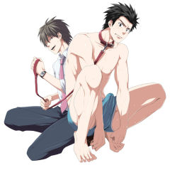 Rule 34 | 2boys, abs, barefoot, bulge, collar, erection, erection under clothes, evil grin, feet, grin, leash, looking at viewer, male focus, multiple boys, muscular, naughty face, necktie, penis, pet, rape face, shima kyousuke, topless male, simple background, smile, smirk, squatting, sweat, teeth, toes, underwear, undressing, yaoi