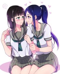 Rule 34 | 10s, 2girls, arm grab, bad id, bad twitter id, bare legs, black hair, black skirt, blue hair, blush, c:, closed mouth, collarbone, couple, eye contact, friends, green eyes, green neckerchief, grey skirt, hair ornament, hairclip, hand on another&#039;s hand, hand on another&#039;s shoulder, hands up, heart, holding another&#039;s wrist, hug, kurosawa dia, legs, long hair, looking at another, love live!, love live! sunshine!!, matsuura kanan, mole, mole under mouth, multiple girls, neck, neckerchief, negom, nervous, pleated skirt, ponytail, purple eyes, school uniform, serafuku, short sleeves, side-by-side, sidelocks, sitting, skirt, smile, spoken blush, sweatdrop, tie clip, wavy mouth, white background, yuri