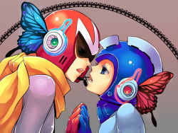 Rule 34 | 2boys, bad id, bad pixiv id, blue eyes, butterfly wings, capcom, couple, eye contact, face-to-face, headset, helmet, insect wings, looking at another, magnet (vocaloid), male focus, mega man (character), mega man (classic), mega man (series), microphone, multiple boys, open mouth, proto man, scarf, vocaloid, wings, yaoi, zakki