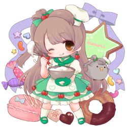 Rule 34 | 10s, 1girl, ;q, bird, blush, bow, brown eyes, brown hair, candy, character name, chef hat, chef, chibi, chocolate, cookie, cooking, cream, cursive, doughnut, earrings, food, fruit, hat, jewelry, long hair, looking at viewer, love live!, love live! school idol festival, love live! school idol project, macaron, minami kotori, minami kotori (bird), mityennn, mixing bowl, one eye closed, ribbon, smile, solo, strawberry, tongue, tongue out, whisk