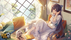 Rule 34 | 1girl, barefoot, bed, bed sheet, benghuai xueyuan, book, bow, closed mouth, copyright name, curtains, doll, flower, hair between eyes, hair bow, hair ribbon, highres, honkai (series), indoors, kiana kaslana, long hair, long sleeves, looking at viewer, official art, painting (object), pajamas, pillow, pink flower, plant, purple eyes, purple hair, raiden mei, ribbon, second-party source, sitting, smile, solo, stuffed toy, tree, window, yellow flower