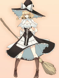 Rule 34 | 1girl, apron, bad id, bad pixiv id, blonde hair, blush, boots, bow, broom, cleavage cutout, clothing cutout, curiosities of lotus asia, female focus, hair bow, hat, hat bow, kirisame marisa, ribbon, short hair, solo, takaharu, touhou, witch, witch hat, wrist cuffs, yellow eyes