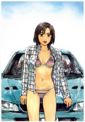 Rule 34 | 1girl, bottomless, breasts, brown eyes, brown hair, buttons, car, cloud, comic, cover, day, dress shirt, highres, initial d, lips, lipstick, looking at viewer, makeup, medium breasts, motor vehicle, navel, official art, open clothes, open mouth, open shirt, outdoors, plaid, plaid shirt, pocket, red lips, right-hand drive, shigeno shuuichi, shirt, short hair, sky, smile, solo, standing, subaru, subaru (brand), subaru impreza, swept bangs, swimsuit, uehara mika, vehicle