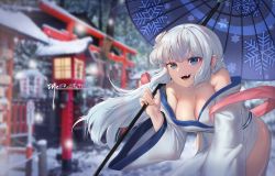 Rule 34 | 1girl, artist name, bare shoulders, blue eyes, blurry, blurry background, breasts, cleavage, daeno, dress, guardian tales, highres, holding, large breasts, long hair, looking at viewer, official alternate costume, oil-paper umbrella, open mouth, smile, snow, solo, umbrella, vampire, vampire girl karina, white dress, white hair