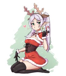 Rule 34 | 1girl, alternate costume, antlers, black gloves, black thighhighs, blowing kiss, brown corset, candy, candy cane, capelet, christmas, corset, cross, cross earrings, dress, earrings, elf, fake antlers, food, frieren, fur-trimmed capelet, fur-trimmed dress, fur-trimmed gloves, fur trim, gloves, green eyes, grey hair, heart, highres, holding, holding candy, holding candy cane, holding food, horns, jewelry, locomixt1, long hair, pointy ears, red capelet, red dress, reindeer antlers, santa capelet, santa dress, seiza, sitting, solo, sousou no frieren, thighhighs, twintails