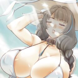 Rule 34 | 1girl, :o, areola slip, bikini, blue hair, blush, braid, breasts, brown hair, cleavage, closed eyes, collar, goddess of victory: nikke, hair over shoulder, hat, highres, jewelry, large breasts, long hair, mary (bay goddess) (nikke), mary (nikke), multicolored hair, necklace, official alternate costume, parted lips, solo, streaked hair, stupidleon2, sun hat, sunlight, swimsuit, white bikini