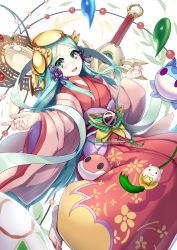 Rule 34 | 1girl, amaterasu (p&amp;d), aqua hair, bad id, bad pixiv id, barefoot, blush, commentary request, green eyes, headgear, highres, japanese clothes, jewelry, kimono, long hair, long sleeves, looking at viewer, open mouth, puuzaki puuna, puzzle &amp; dragons, sash, smile, solo, sword, tamadra, very long hair, weapon, wide sleeves