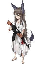 Rule 34 | 1girl, aged down, ak-47, animal ears, assault rifle, barefoot, black hair, brown hair, check commentary, child, commentary request, cuts, dress, green eyes, gun, highres, injury, kalashnikov rifle, komusou (jinrikisha), long hair, original, ribbon, rifle, scar, simple background, solo, standing, strike witches, strike witches 1991, tail, tears, torn clothes, torn dress, weapon, white background, world witches series