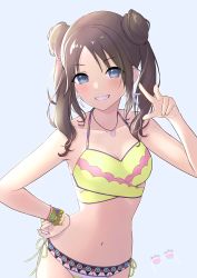 Rule 34 | 1girl, bikini, blue eyes, breasts, brown hair, double bun, hair bun, highres, hoshina hoshimi, idolmaster, idolmaster shiny colors, looking at viewer, mitsumine yuika, multicolored clothes, smile, solo, swimsuit, twintails