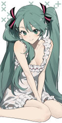 Rule 34 | 1girl, absurdres, airseal, between legs, breasts, cleavage, closed mouth, collarbone, dress, frilled dress, frills, green eyes, green hair, hair between eyes, hand between legs, hatsune miku, highres, long hair, medium breasts, ribbon-trimmed dress, simple background, sitting, sleeveless, sleeveless dress, smile, solo, twintails, very long hair, vocaloid, wariza, white background, white dress