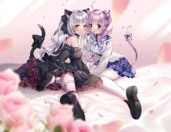 Rule 34 | 2girls, :p, absurdres, ahoge, animal ear fluff, animal ears, bare shoulders, bed, black dress, black footwear, blue hair, blue sailor collar, blush, bow, cat ears, cat girl, cat tail, choker, criss-cross back-straps, criss-cross halter, dress, extra ears, face-to-face, foreshortening, frilled choker, frills, full body, gothic lolita, grey hair, halter dress, halterneck, highres, hololive, kashiba aira, kneeling, loafers, lolita fashion, long hair, looking at viewer, minato aqua, minato aqua (sailor), multiple girls, murasaki shion, murasaki shion (gothic lolita), pantyhose, perspective, purple hair, ribbon, sailor collar, shoes, sitting, tail, tail bow, tail ornament, tail ribbon, tongue, tongue out, twintails, virtual youtuber, yuri