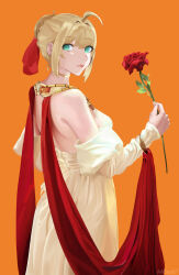 Rule 34 | 1girl, absurdres, blonde hair, braid, breasts, dress, fate/extra, fate/grand order, fate (series), flower, gold choker, green eyes, highres, holding, holding flower, jewelry, looking at viewer, medium hair, nero claudius (fate), nero claudius (fate) (all), orange background, red flower, red ribbon, red rose, ribbon, rose, simple background, small breasts, solo, user vxck2882, yellow dress