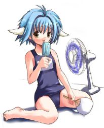 Rule 34 | 00s, 1girl, animal ears, barefoot, blue hair, electric fan, female focus, food, galaxy angel, hand fan, looking at viewer, mint blancmanche, popsicle, school swimsuit, short hair, simple background, sitting, solo, swimsuit, tongue, tongue out, wariza, white background, yellow eyes