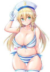 Rule 34 | 1girl, absurdres, alternate costume, arm at side, bare shoulders, blonde hair, blush, braid, breasts, cleavage, collarbone, curvy, gloves, green eyes, groin, hand up, hat, highres, large breasts, leafa, long hair, looking at viewer, navel, pointy ears, sailor, shiny skin, skindentation, smile, solo, swimsuit, sword art online, thigh gap, thighhighs, thighs, tong shui, twin braids, twintails, white hat