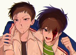 Rule 34 | 2boys, arm around shoulder, black shirt, blood, blood on face, blue jacket, brown eyes, brown hair, buraiden gai, clenched hand, closed mouth, collared shirt, commentary, expressionless, fingernails, green shirt, hair between eyes, highres, jacket, kudou gai, letterman jacket, looking at viewer, male focus, medium bangs, multiple boys, nosebleed, open mouth, red eyes, shirt, short bangs, short hair, siho is alien, simple background, smile, striped clothes, striped shirt, tobaku haouden zero, ukai zero, undershirt, upper body, white background, white shirt