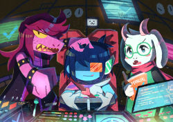Rule 34 | 1boy, 1girl, 1other, absurdres, armlet, blue skin, book, bracelet, cockpit, colored skin, controller, deltarune, fangs, game controller, glasses, highres, jewelry, kris (deltarune), licking lips, purple skin, ralsei, reading, scarf, scouter, sharp teeth, spiked armlet, spiked bracelet, spikes, susie (deltarune), teeth, tongue, tongue out, watawata22, yellow eyes