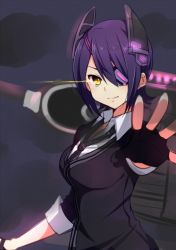 Rule 34 | 10s, 1girl, bad id, bad pixiv id, black gloves, cardigan, eyepatch, fingerless gloves, gloves, glowing, glowing eyes, headgear, kantai collection, looking at viewer, machinery, necktie, outstretched hand, purple hair, school uniform, short hair, sleeves rolled up, smoke, solo, tenryuu (kancolle), upper body, yellow eyes, yukichi (eikichi)