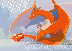 Rule 34 | character name, charizard, claws, closed mouth, commentary request, creatures (company), fire, fire, from side, game freak, gen 1 pokemon, highres, horns, mo~zu, nintendo, no humans, outdoors, pokedex number, pokemon, pokemon (creature), smile, solo, standing