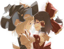 Rule 34 | 2girls, bad id, bad pixiv id, blonde hair, blue eyes, bow, brown hair, detached sleeves, hair bow, hair tubes, hakurei reimu, hand on another&#039;s cheek, hand on another&#039;s face, hat, hat bow, kirisame marisa, long sleeves, looking at another, multiple girls, open mouth, profile, puffy long sleeves, puffy sleeves, purple eyes, short hair, shunsuke, simple background, smile, touhou, white background, witch hat, yuri